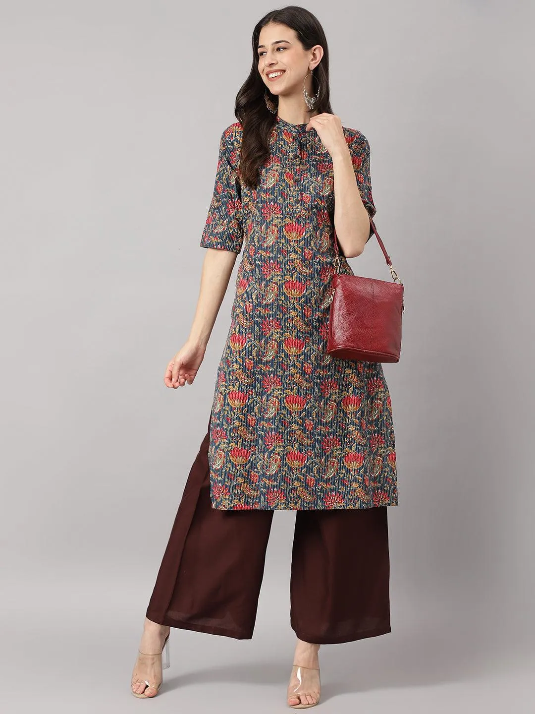 Blue And Red Cotton Katha Work Straight Kurta