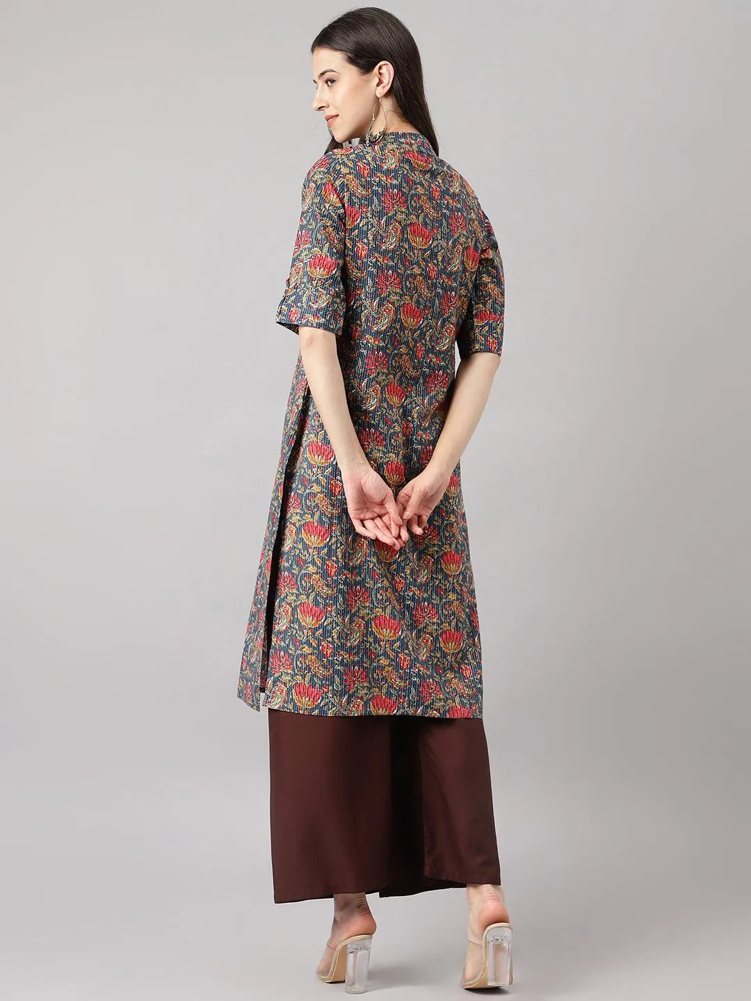 Blue And Red Cotton Katha Work Straight Kurta