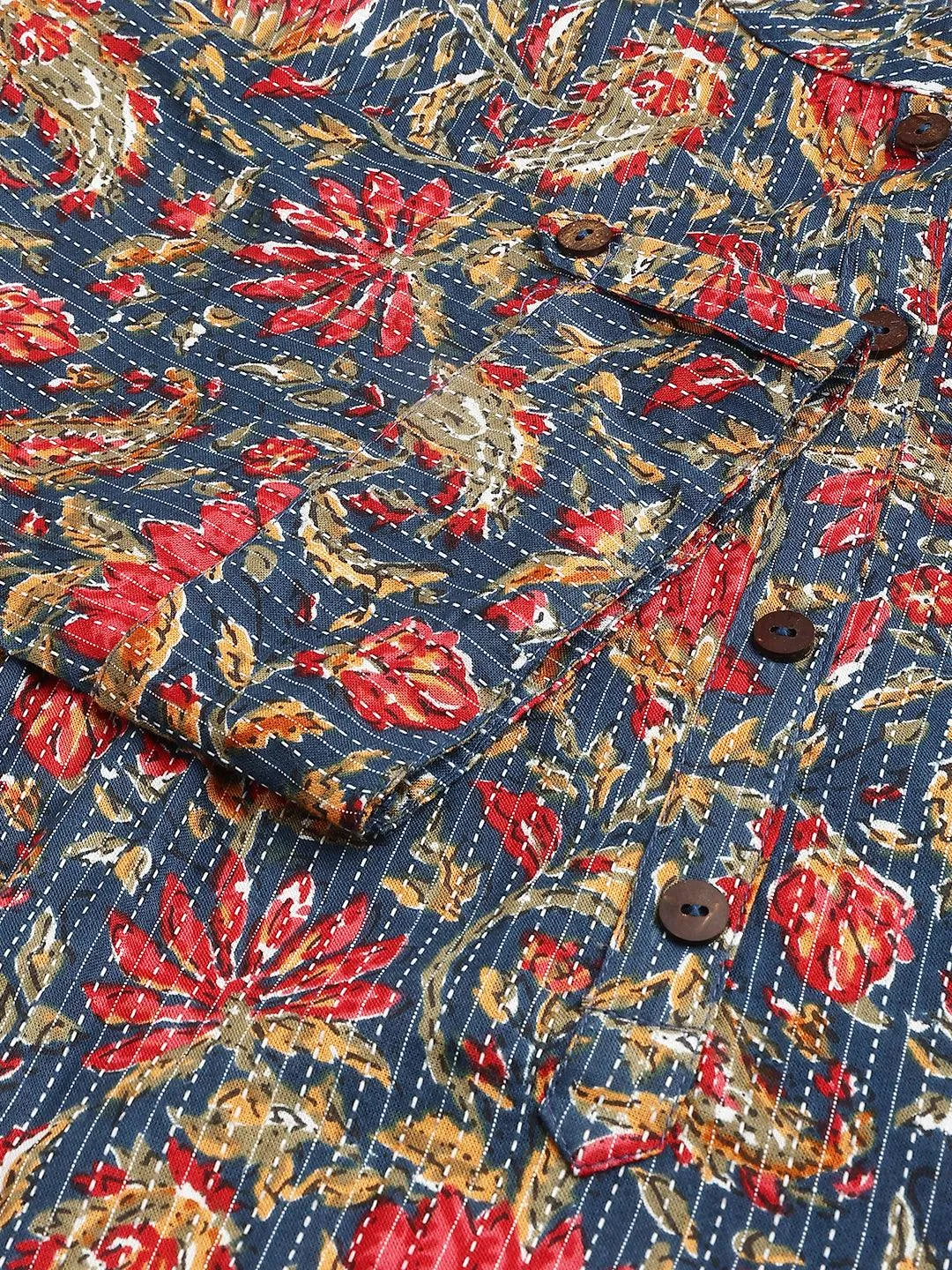 Blue And Red Cotton Katha Work Straight Kurta