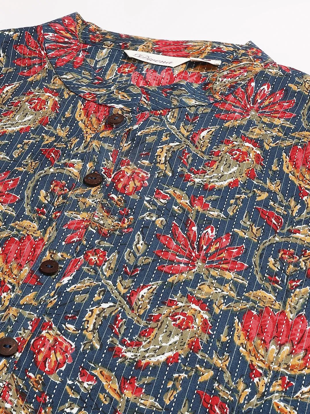 Blue And Red Cotton Katha Work Straight Kurta