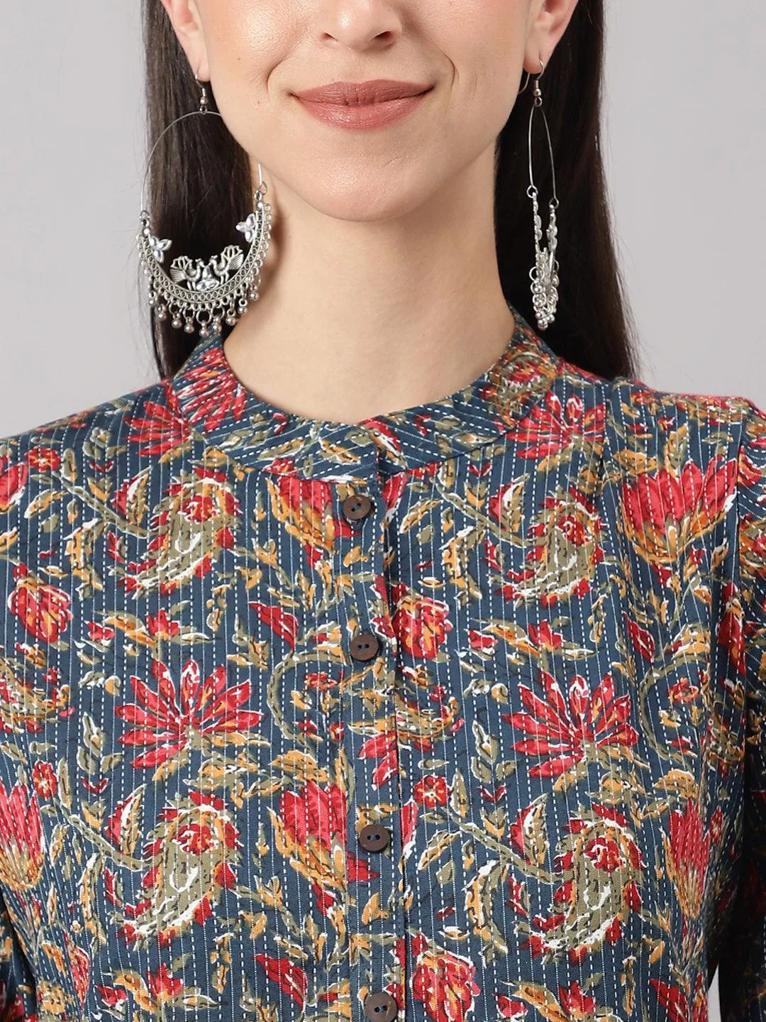 Blue And Red Cotton Katha Work Straight Kurta