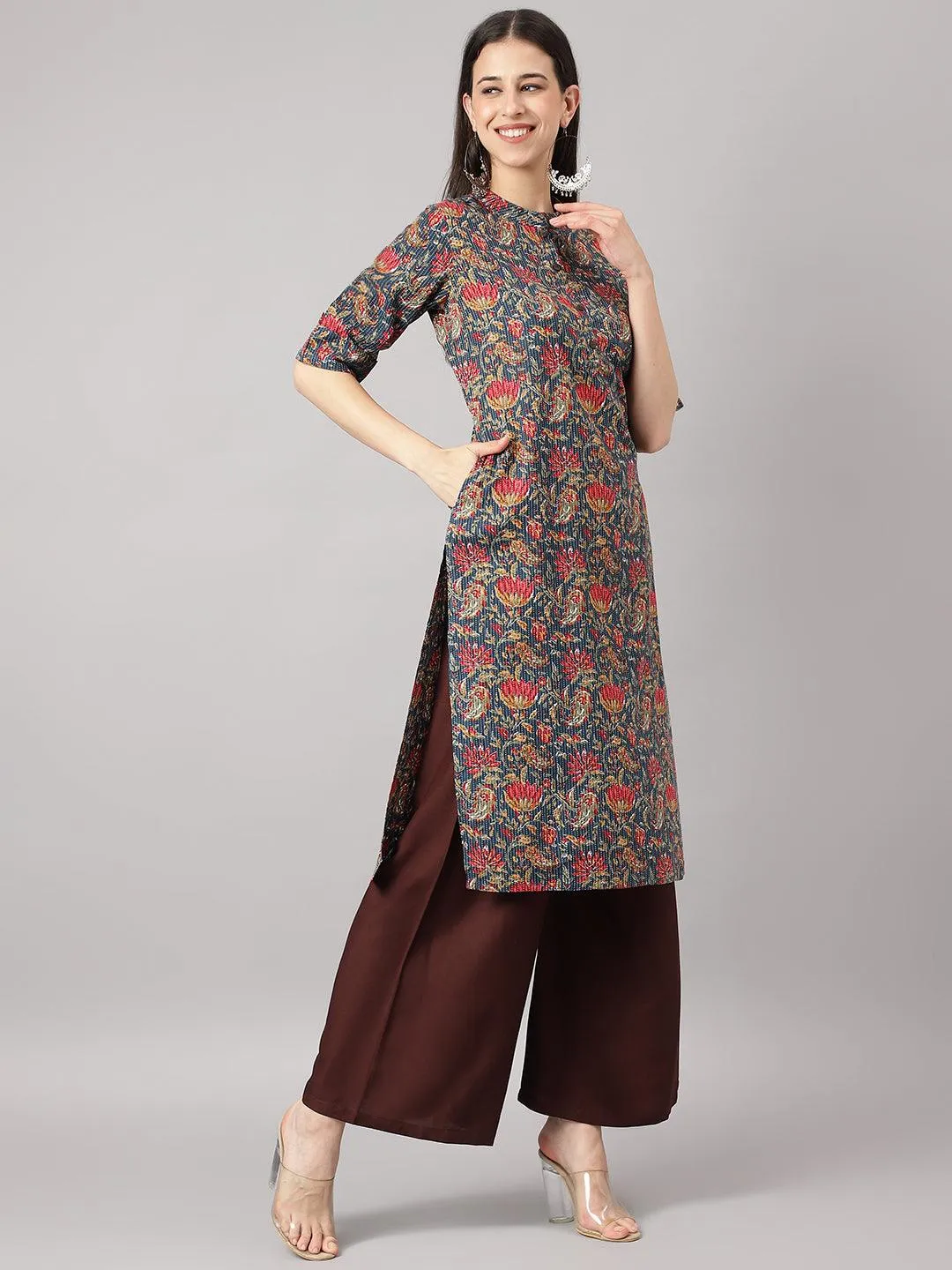 Blue And Red Cotton Katha Work Straight Kurta