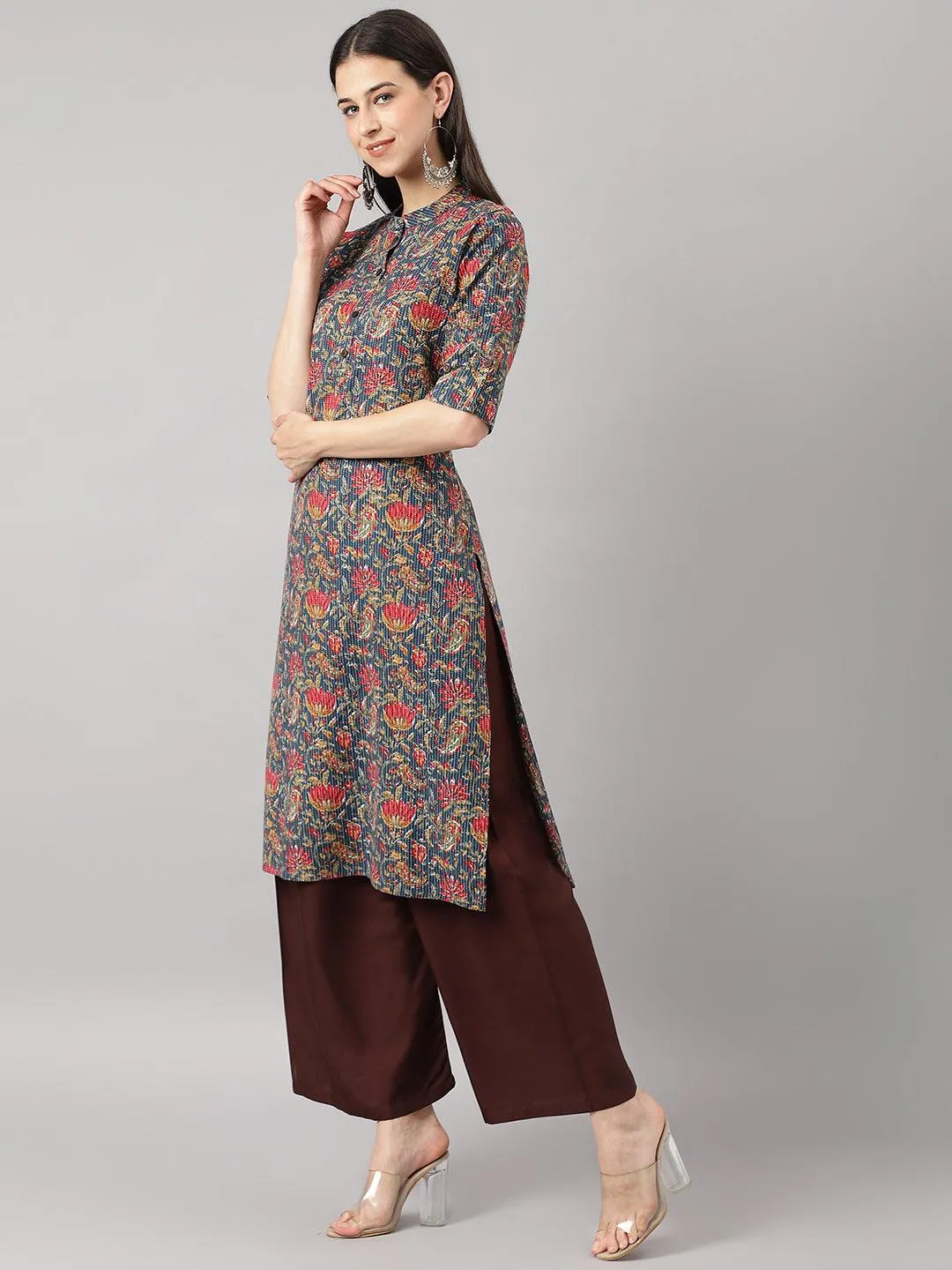 Blue And Red Cotton Katha Work Straight Kurta
