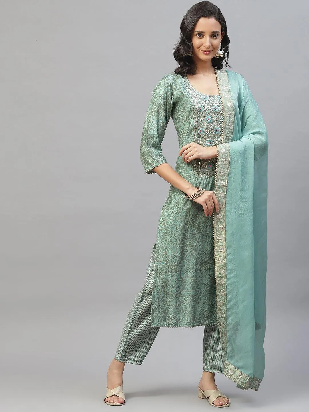Blue Hand Work Bandhani Printed Muslin Kurta Pant Set With Dupatta