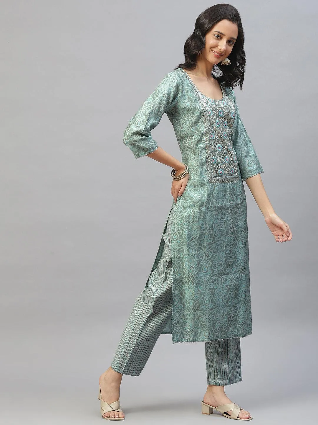 Blue Hand Work Bandhani Printed Muslin Kurta Pant Set With Dupatta