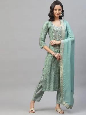 Blue Hand Work Bandhani Printed Muslin Kurta Pant Set With Dupatta
