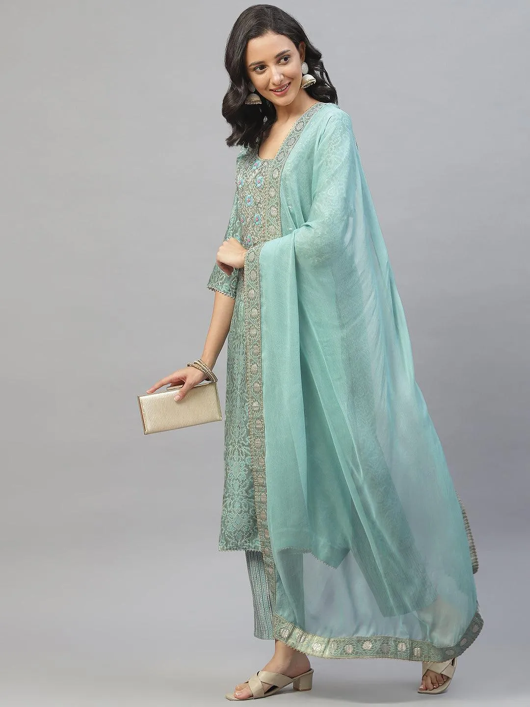 Blue Hand Work Bandhani Printed Muslin Kurta Pant Set With Dupatta