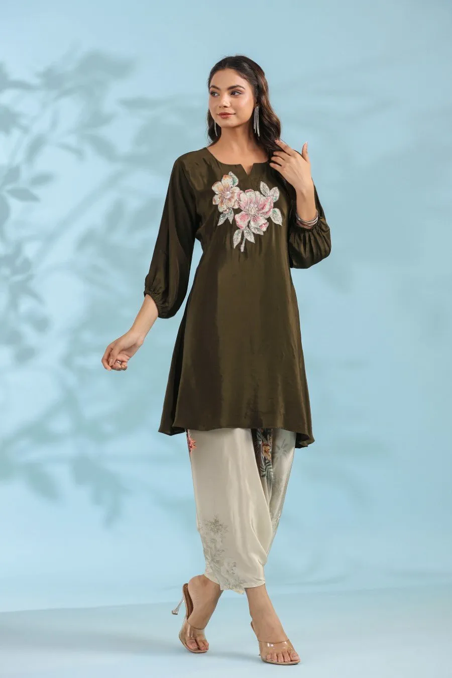 Deep Green Floral Crepe Silk Kurta with Dhoti Pants