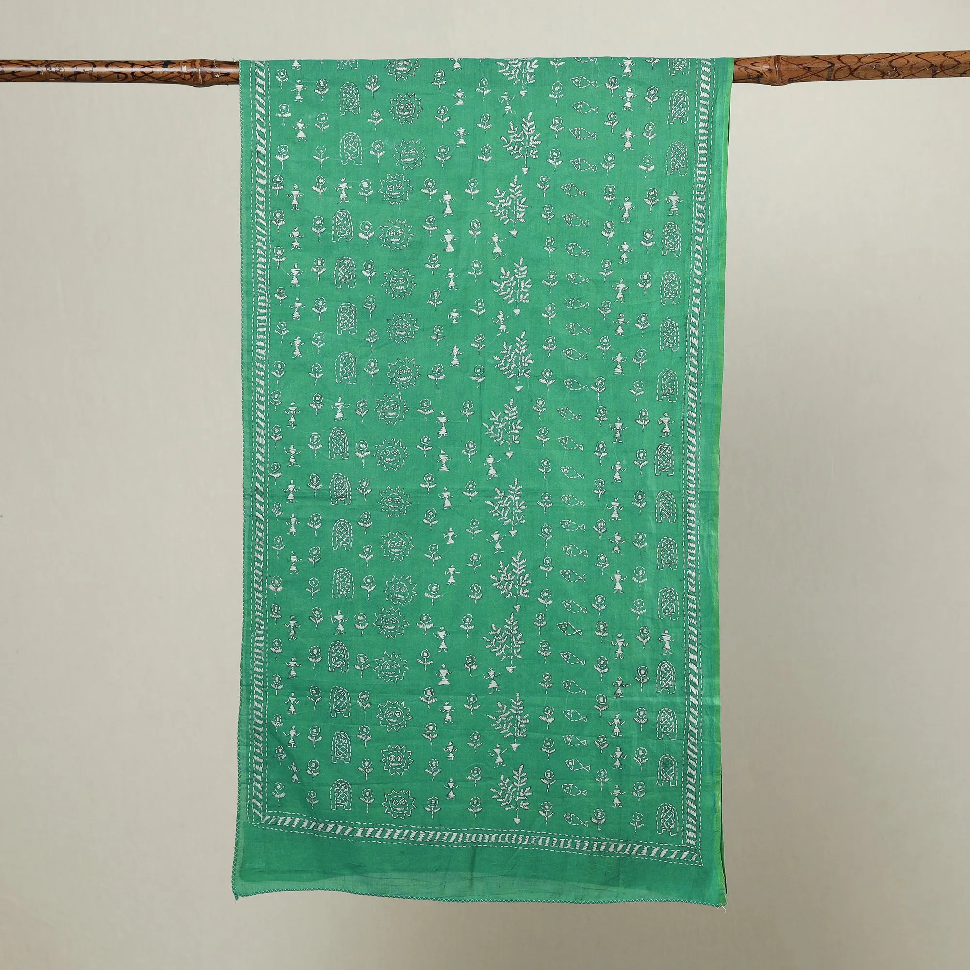 Green - Bengal Kantha Hand Embroidery Cotton Stole 15