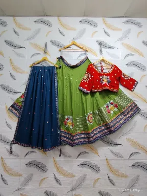 Pleasing Green Butta And Floral Design Embroidery Work Chaniya Cholis For Women