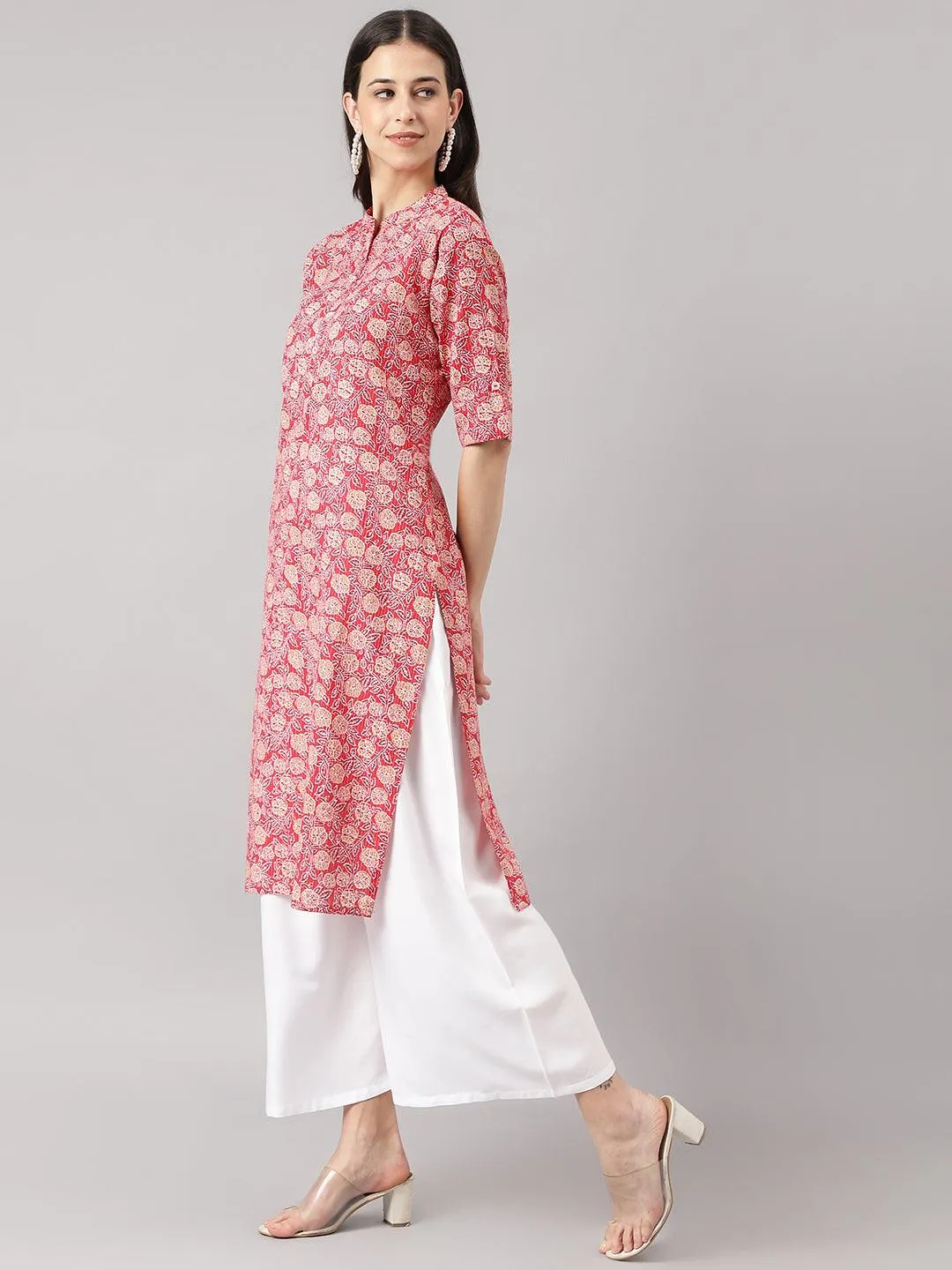 Red And Beige Cotton Katha Work Straight Kurta