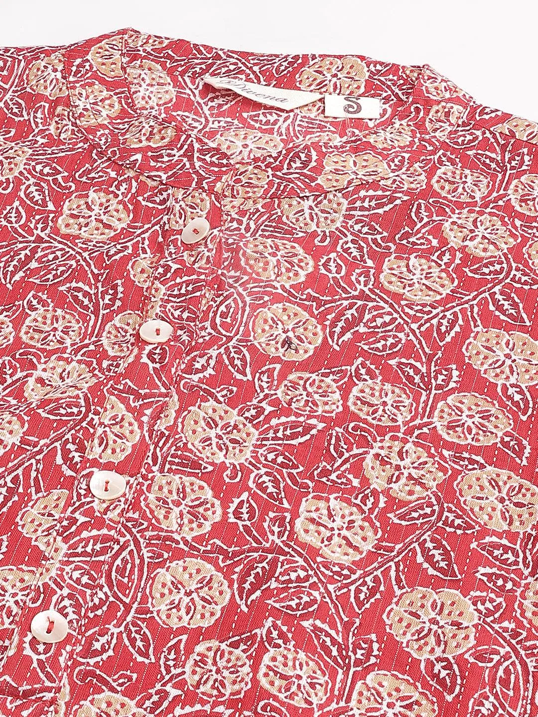 Red And Beige Cotton Katha Work Straight Kurta