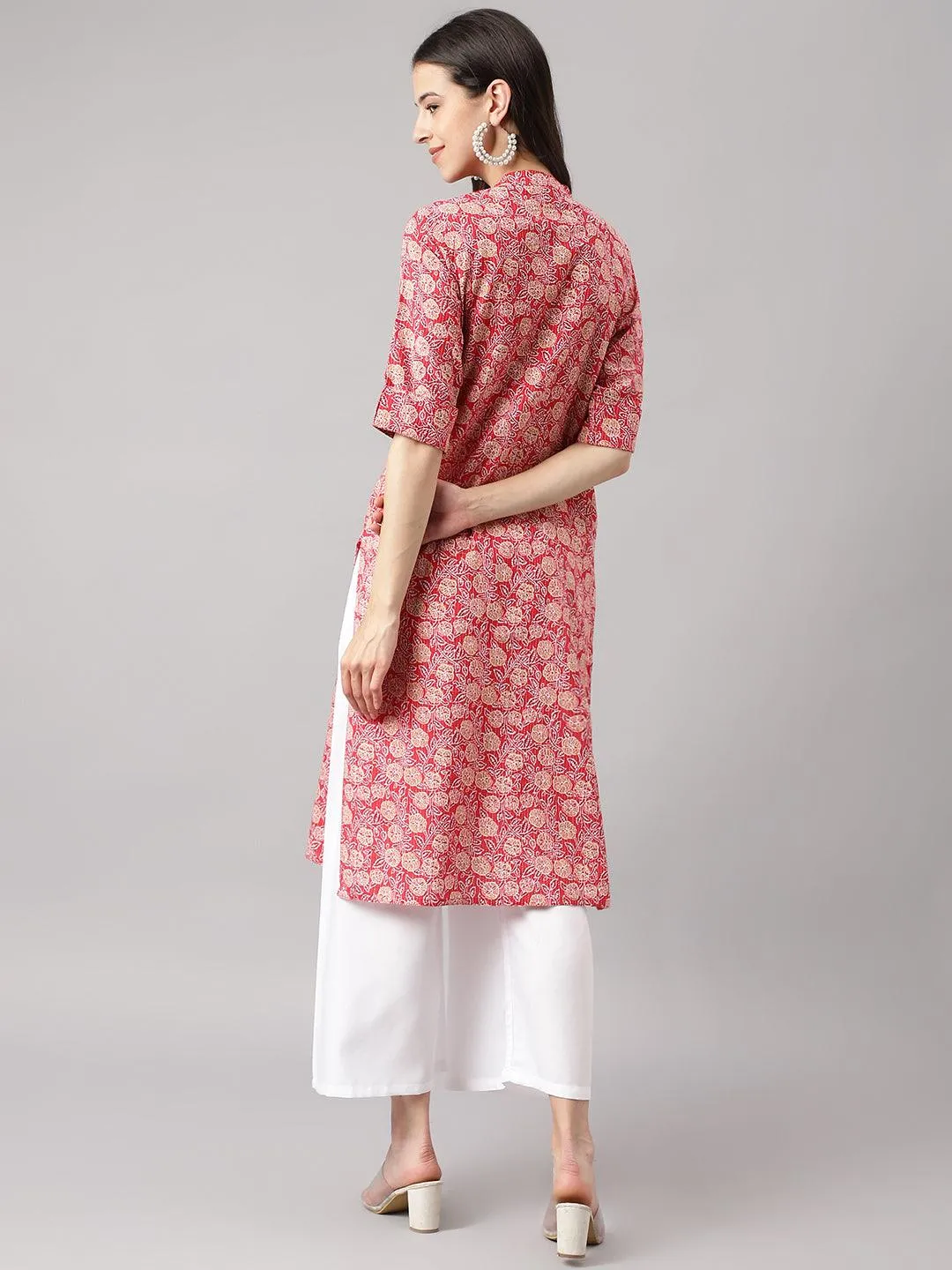 Red And Beige Cotton Katha Work Straight Kurta