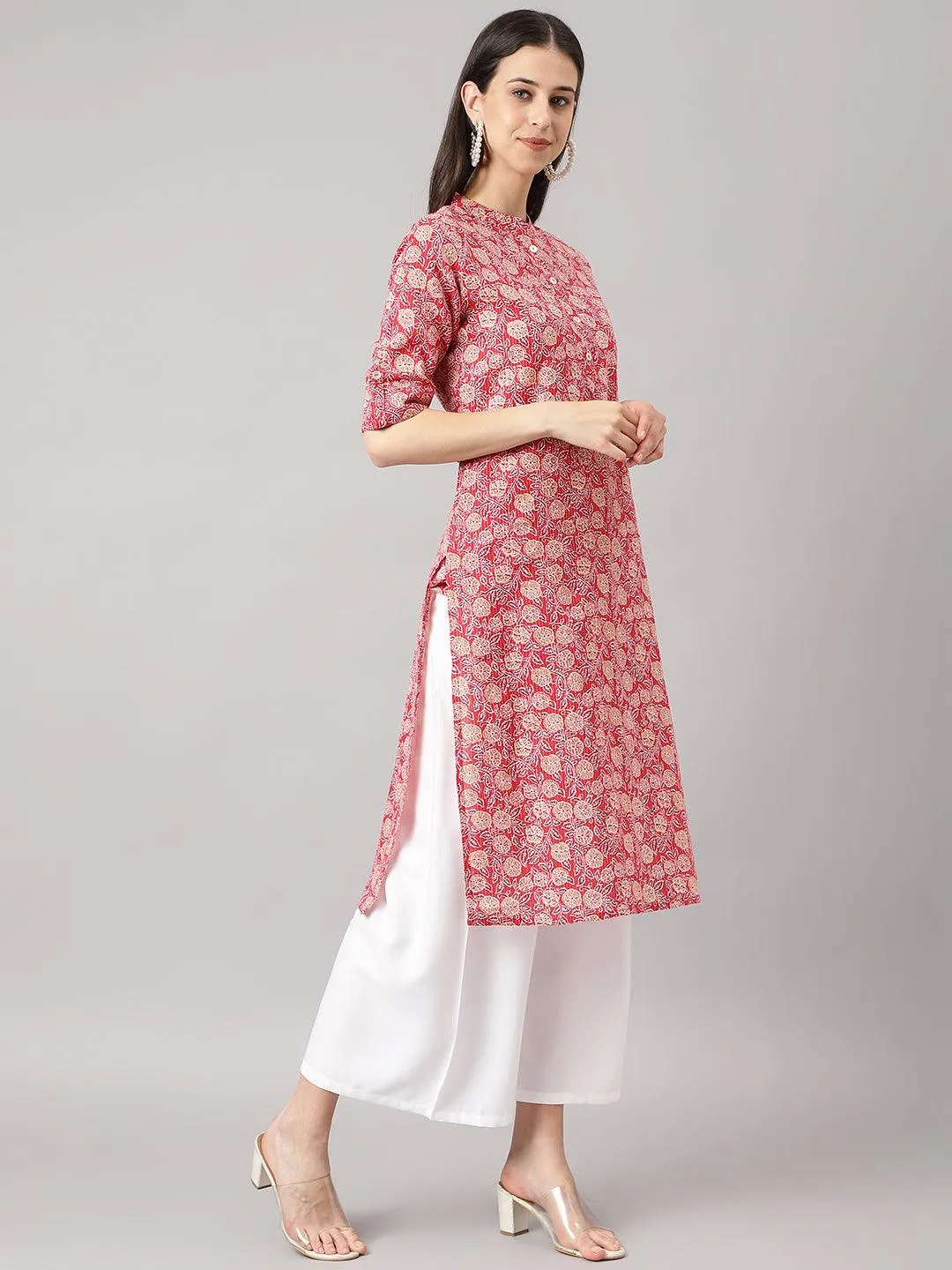 Red And Beige Cotton Katha Work Straight Kurta