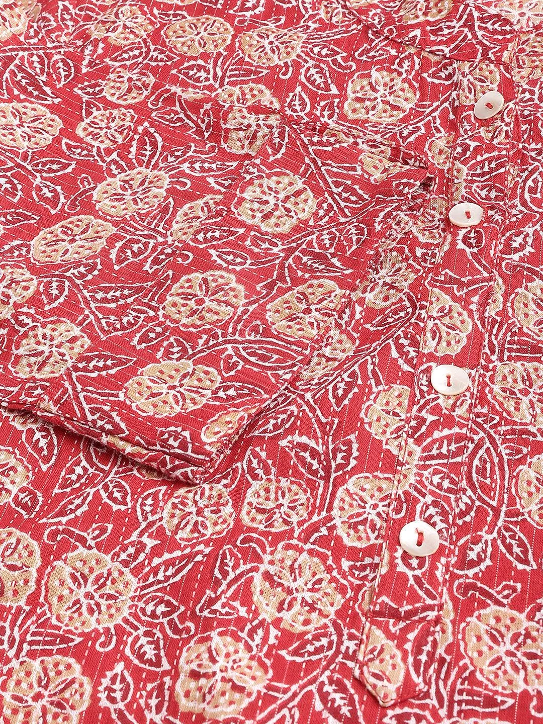 Red And Beige Cotton Katha Work Straight Kurta