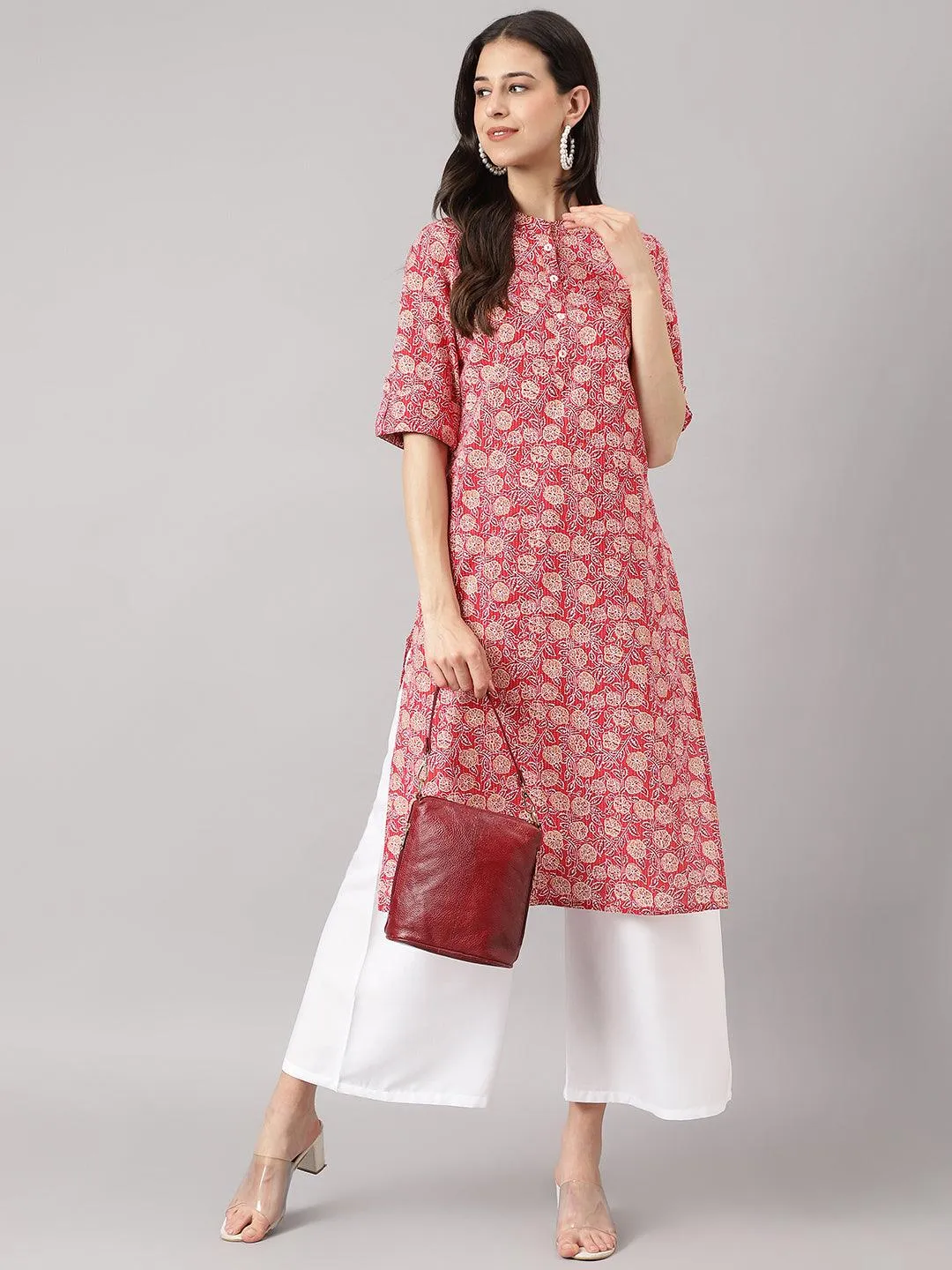 Red And Beige Cotton Katha Work Straight Kurta