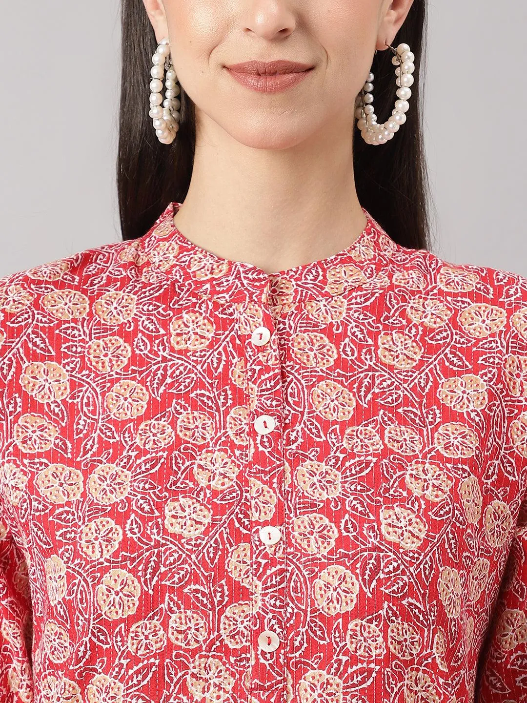 Red And Beige Cotton Katha Work Straight Kurta