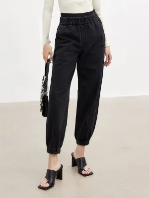 Solid Elastic Waist Carrot Pants