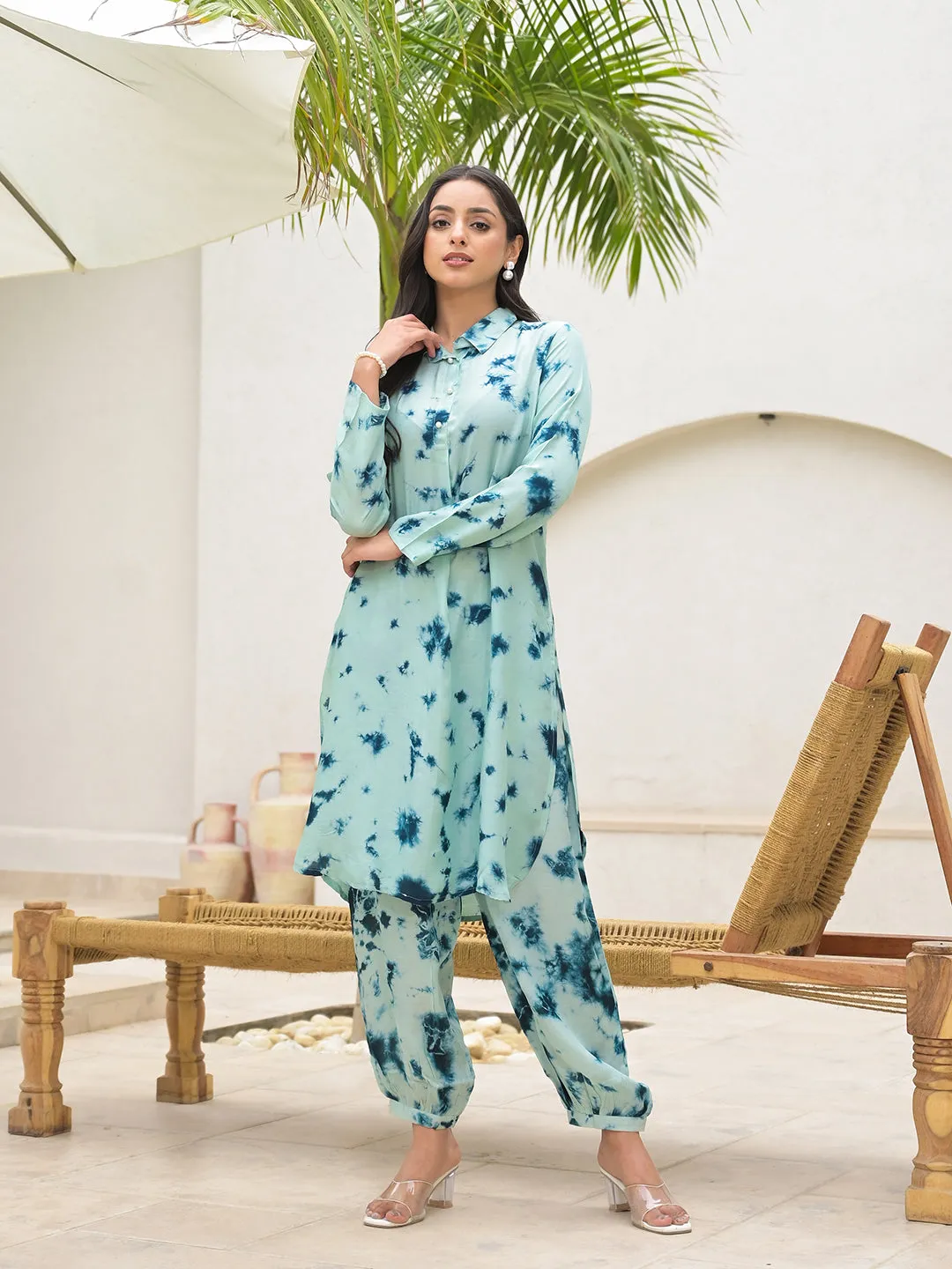 Tie Dye Green Muslin Co-Ord Set For Women