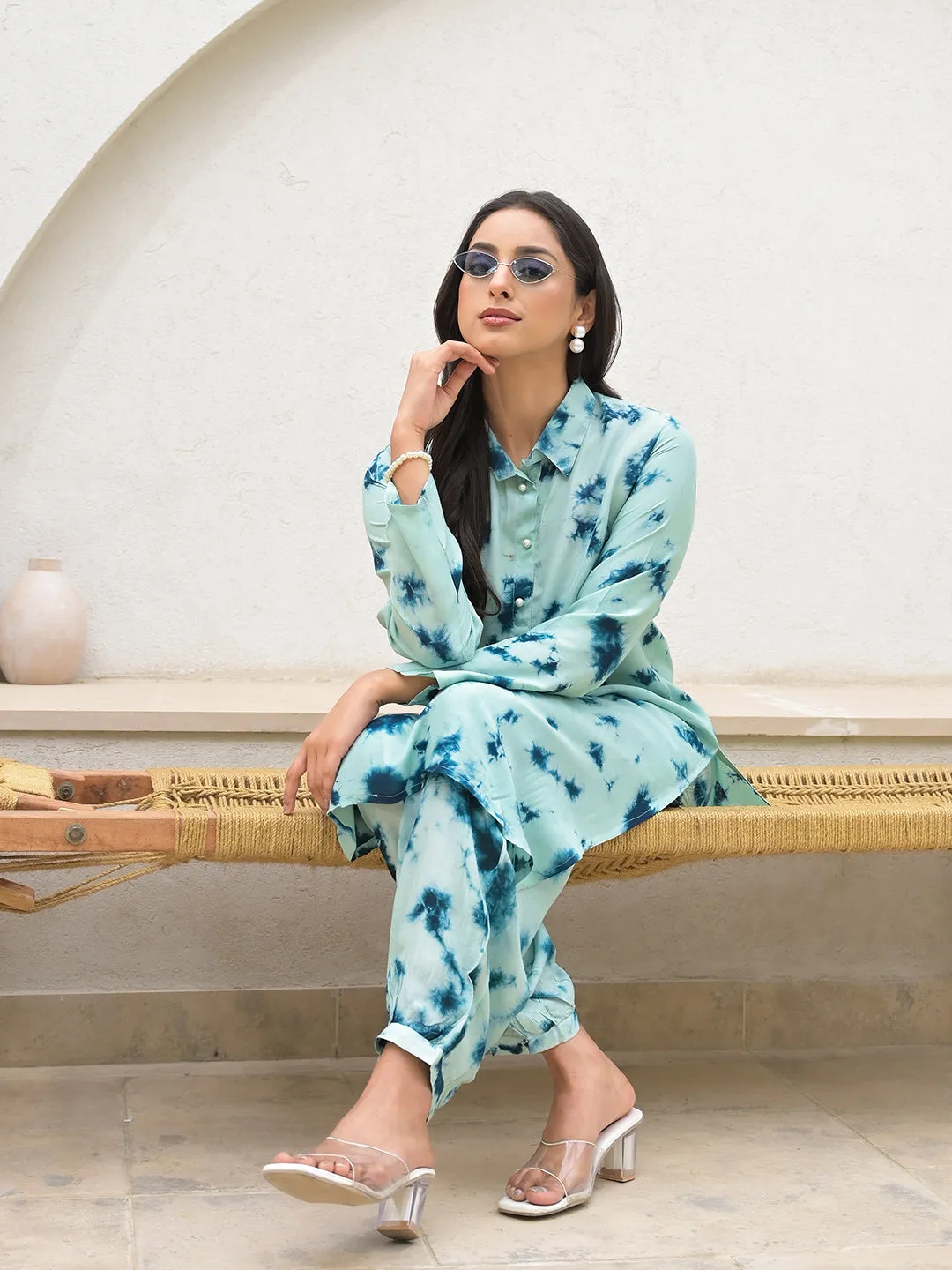 Tie Dye Green Muslin Co-Ord Set For Women