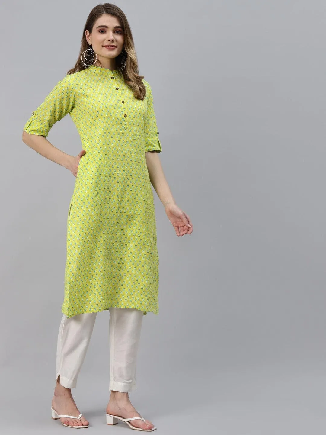 Yellow And Green Cotton Straight Kurta