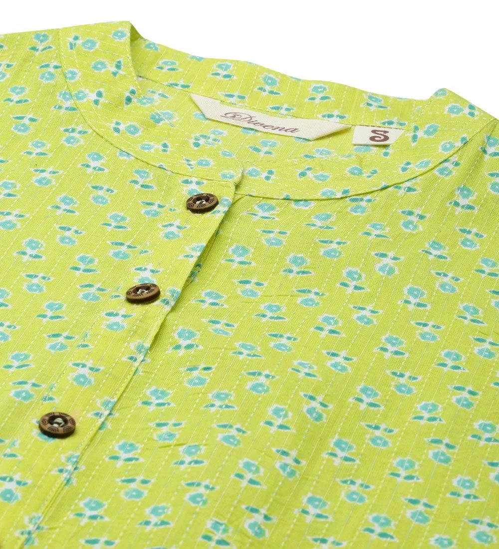 Yellow And Green Cotton Straight Kurta