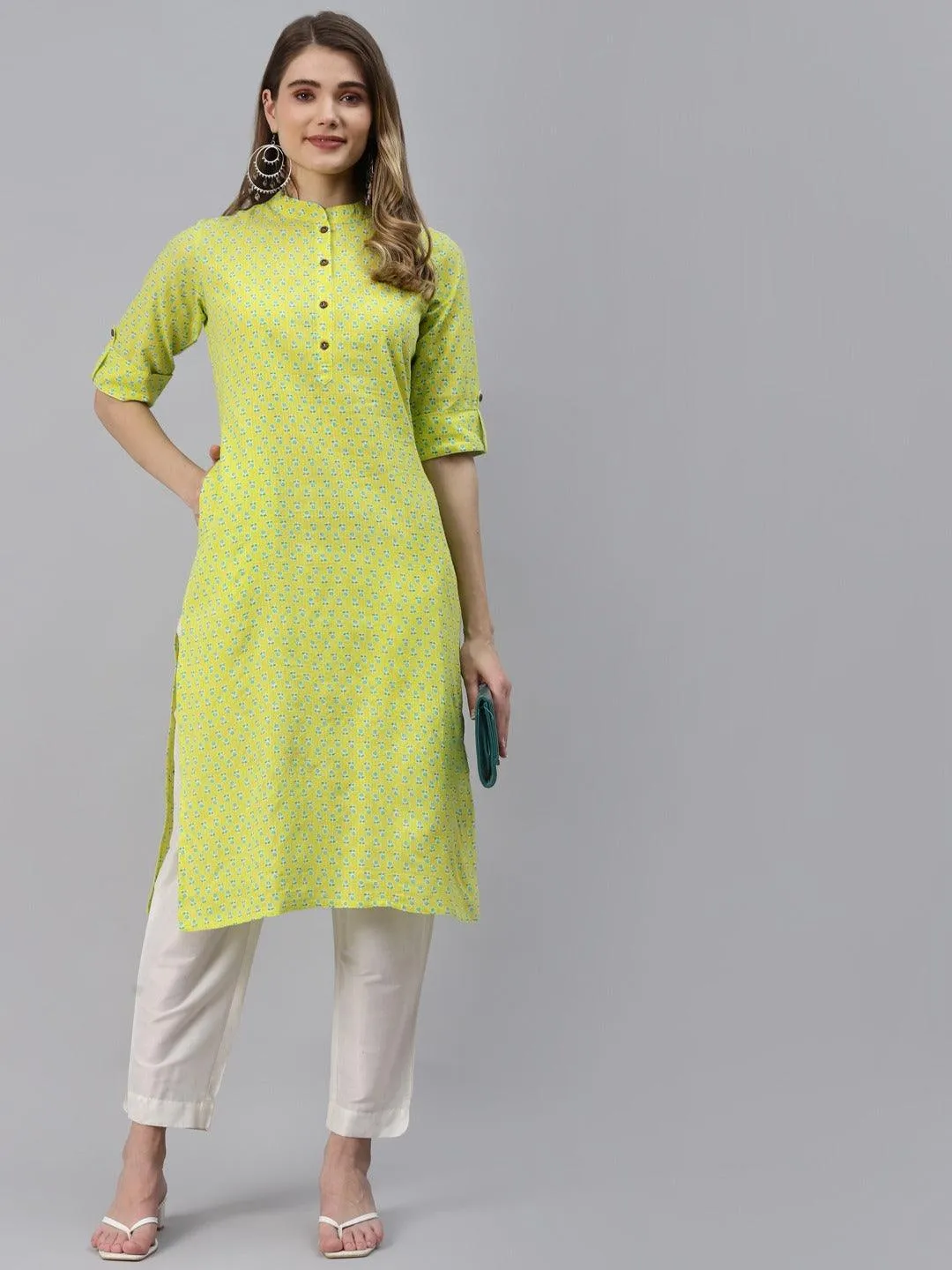 Yellow And Green Cotton Straight Kurta