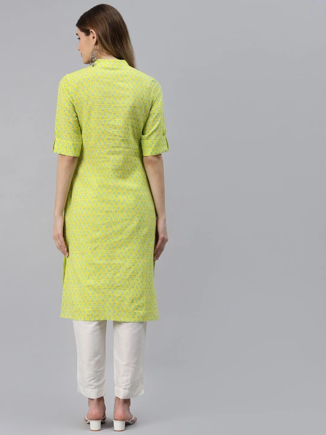 Yellow And Green Cotton Straight Kurta